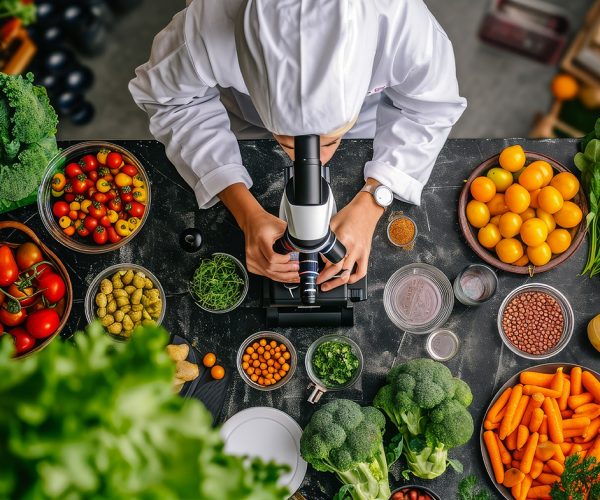 Food scientist examining produce under microscope, ensuring quality and safety in food production.