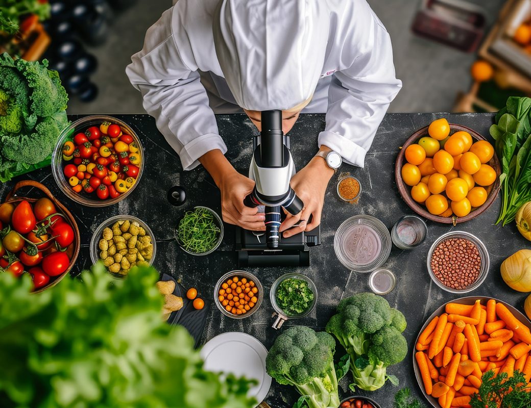 Food scientist examining produce under microscope, ensuring quality and safety in food production.