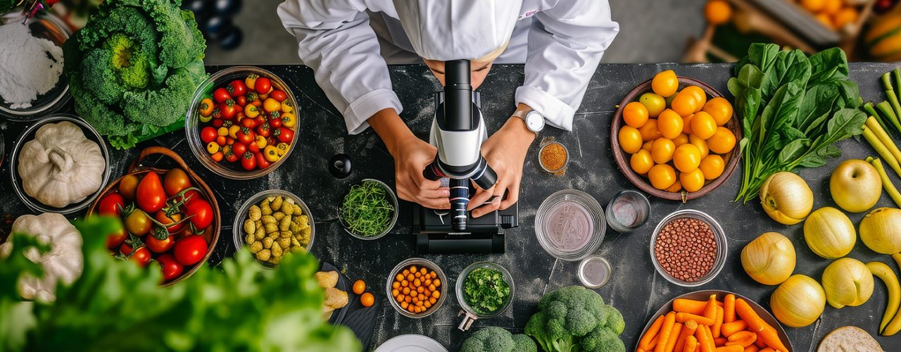 Food scientist examining produce under microscope, ensuring quality and safety in food production.