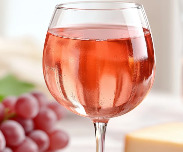 A beautifully styled glass of rosé wine sits beside fresh grapes and cheese. Perfect for gatherings, this serene scene captures the essence of culinary delight and relaxation.