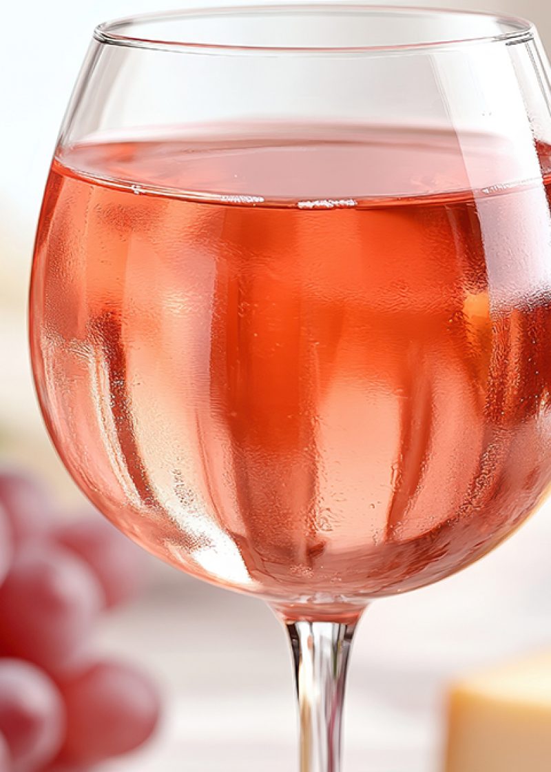 A beautifully styled glass of rosé wine sits beside fresh grapes and cheese. Perfect for gatherings, this serene scene captures the essence of culinary delight and relaxation.