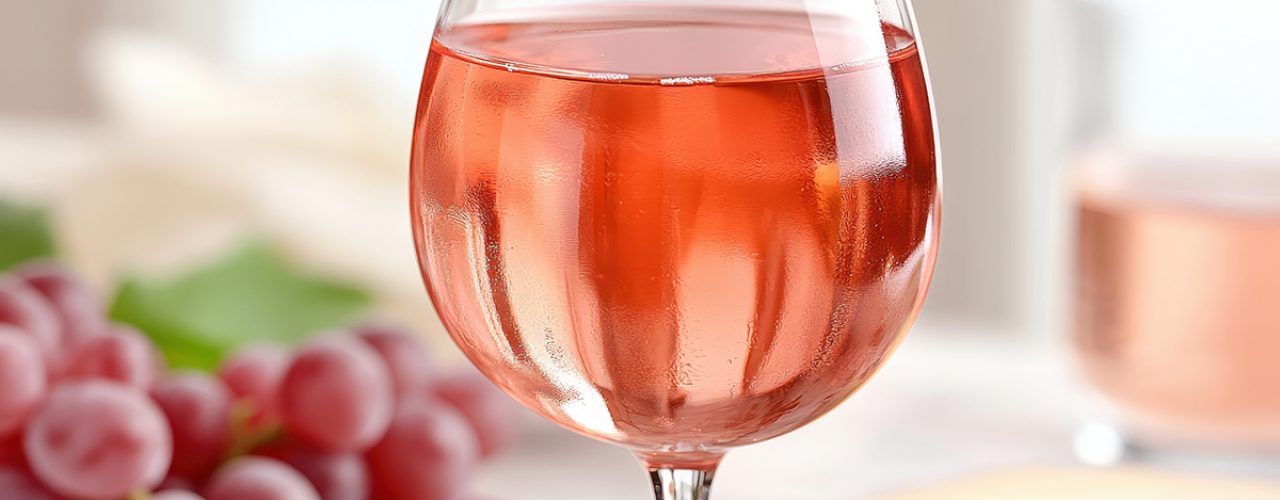 A beautifully styled glass of rosé wine sits beside fresh grapes and cheese. Perfect for gatherings, this serene scene captures the essence of culinary delight and relaxation.