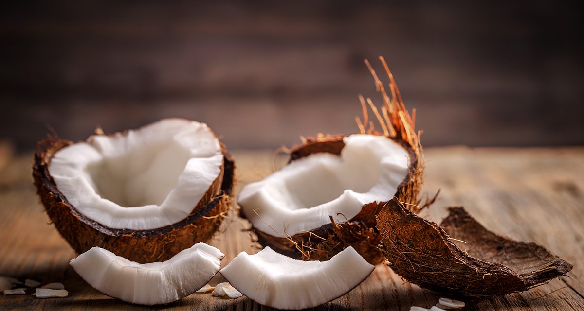 Fruits of coconut on wooden background