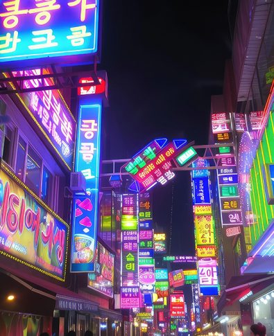 Colorful neon billboards at the Songpa Gu nightlife district in Seoul, South Korea