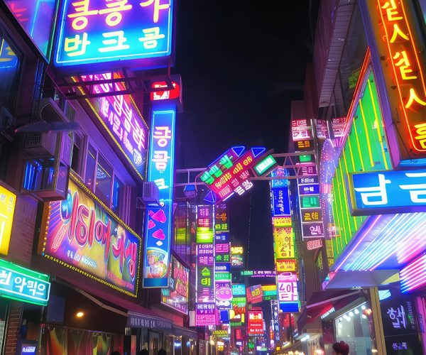 Colorful neon billboards at the Songpa Gu nightlife district in Seoul, South Korea