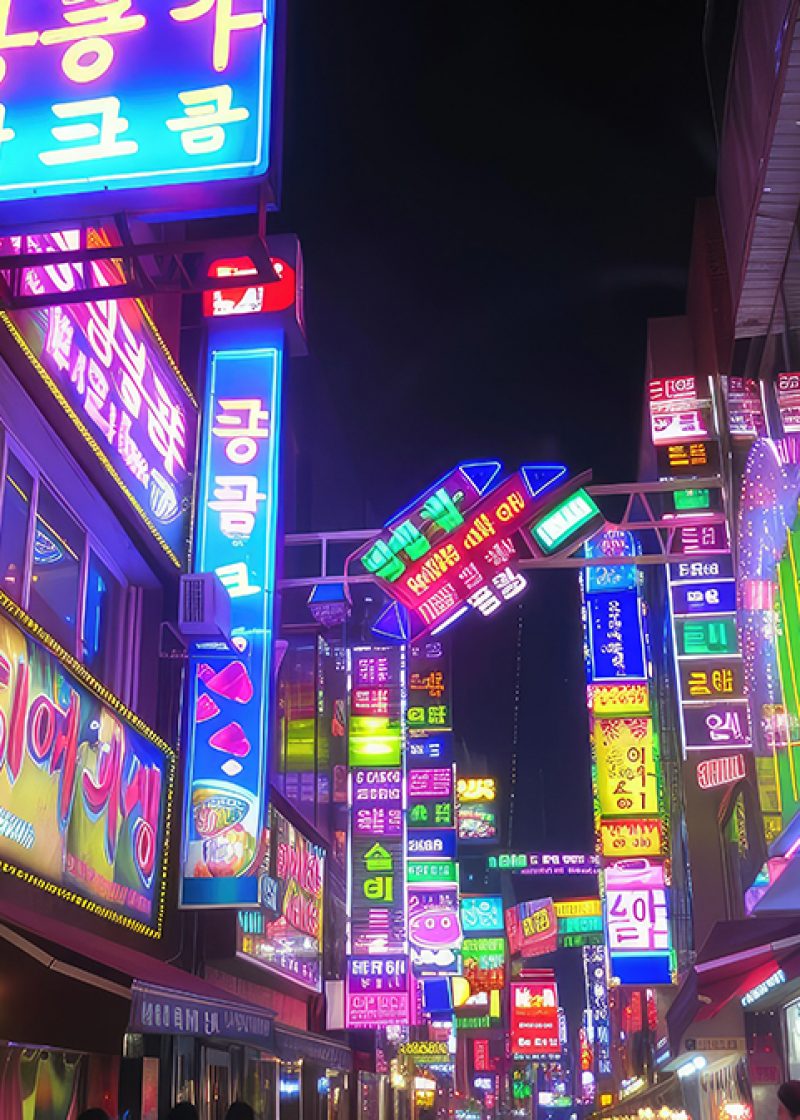 Colorful neon billboards at the Songpa Gu nightlife district in Seoul, South Korea
