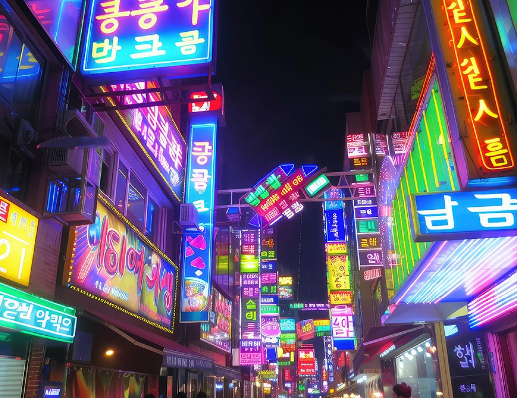 Colorful neon billboards at the Songpa Gu nightlife district in Seoul, South Korea