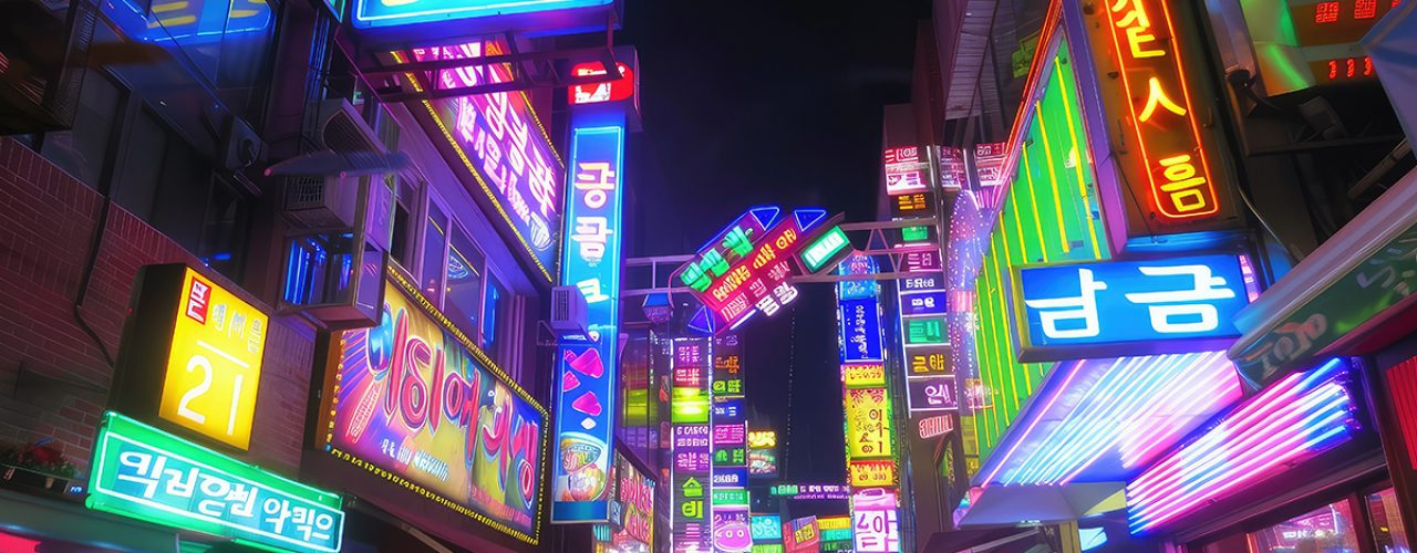 Colorful neon billboards at the Songpa Gu nightlife district in Seoul, South Korea