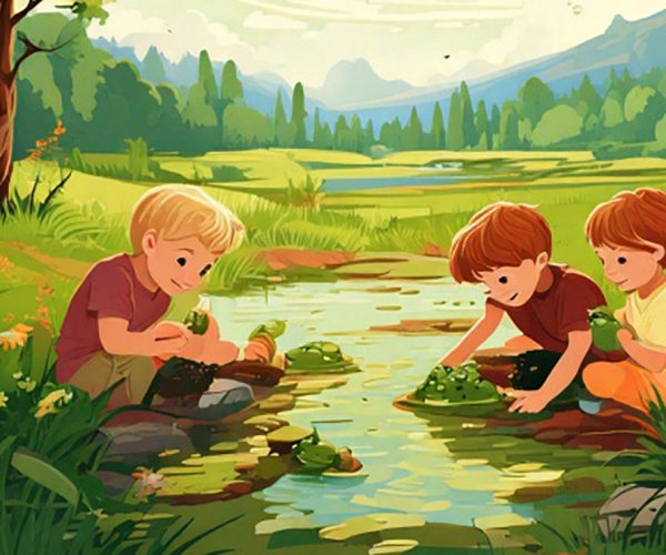 Firefly__A day in the countryside with boys playing with a frog 897109