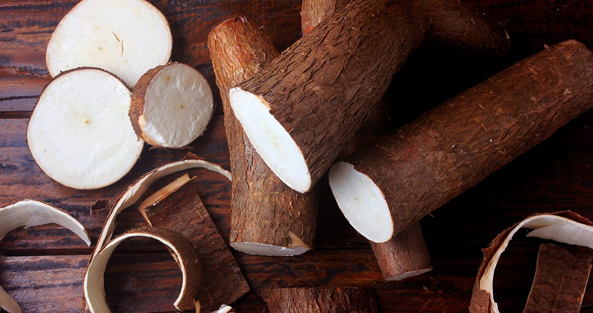 fresh cassava and peels and slices on rustic wooden table. Top view