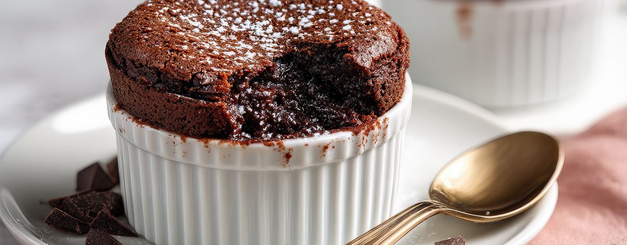 Delicious chocolate souffle with a bite taken out.