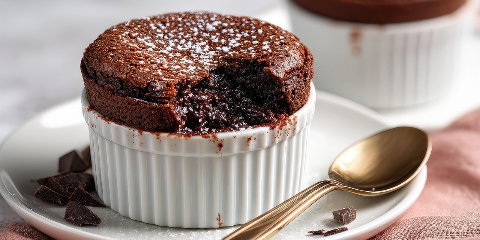 Delicious chocolate souffle with a bite taken out.