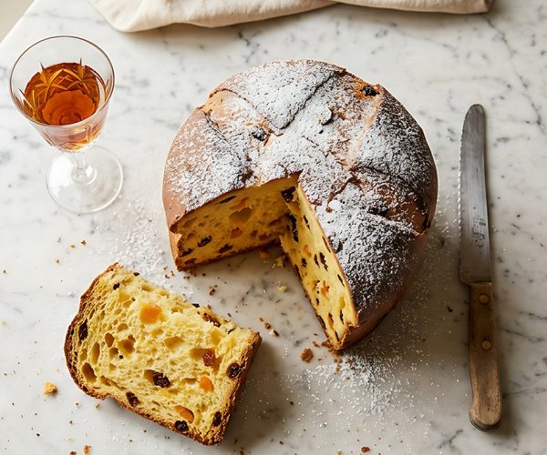 Sliced sweet sourdough bread with raisins and candied fruit. Elegant crystal glass of amber liqueur stands next to vintage knife on white stone surface near window.