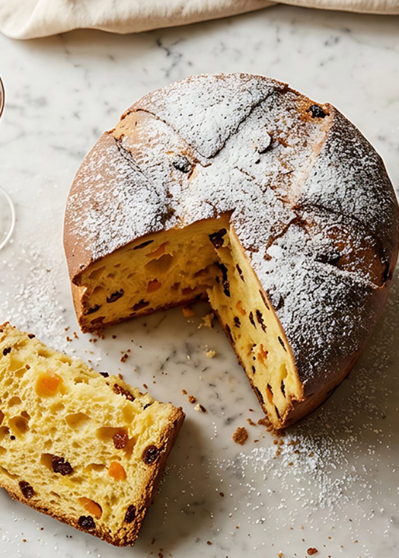 Sliced sweet sourdough bread with raisins and candied fruit. Elegant crystal glass of amber liqueur stands next to vintage knife on white stone surface near window.