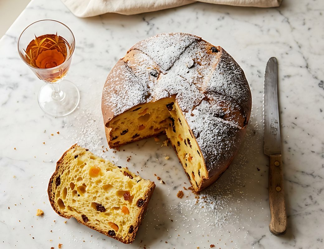 Sliced sweet sourdough bread with raisins and candied fruit. Elegant crystal glass of amber liqueur stands next to vintage knife on white stone surface near window.