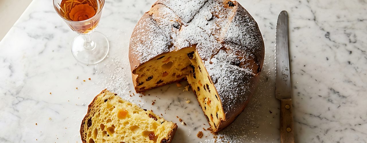 Sliced sweet sourdough bread with raisins and candied fruit. Elegant crystal glass of amber liqueur stands next to vintage knife on white stone surface near window.
